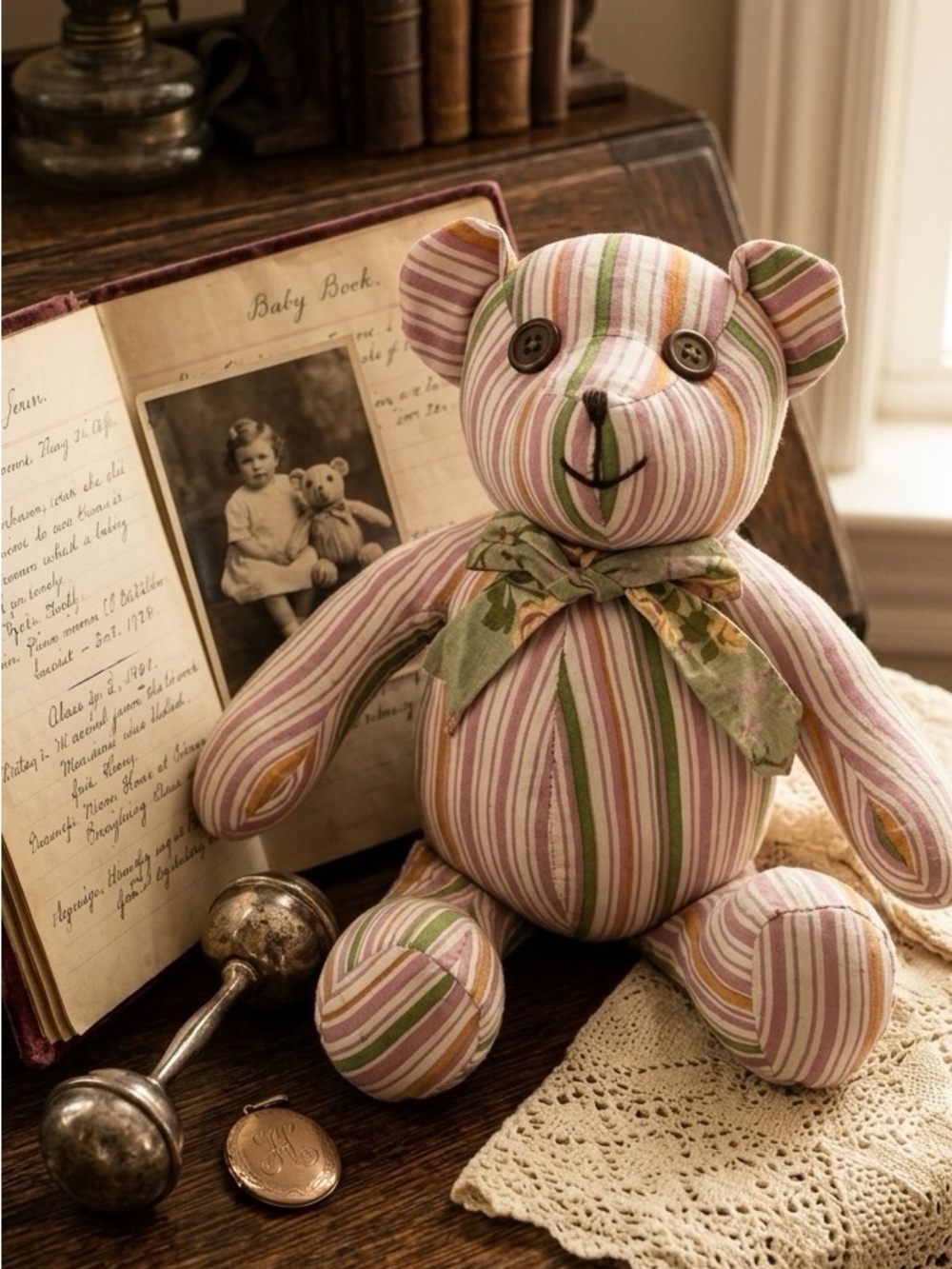 Teddy Bear Vintage Handmade 9"Pink Green Orange Stripes -  Great Used condition!